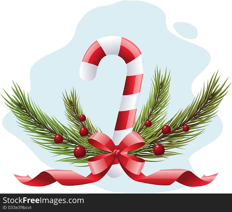 Decorative Christmas candy cane, ribbon, xmas tree and holly berries. Vector image, easily edited