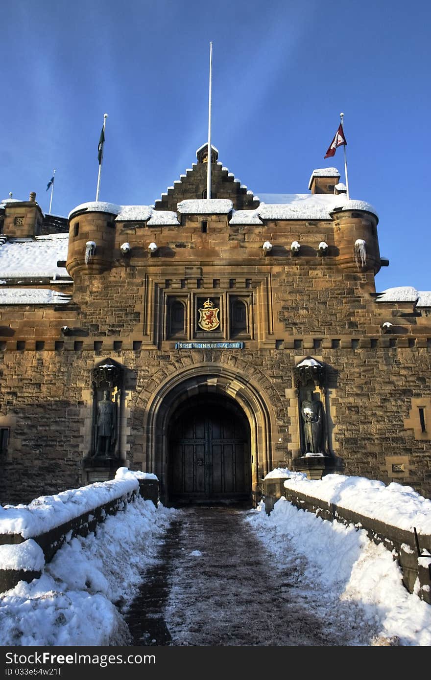 Gate to edinburgh castle in snow. Gate to edinburgh castle in snow