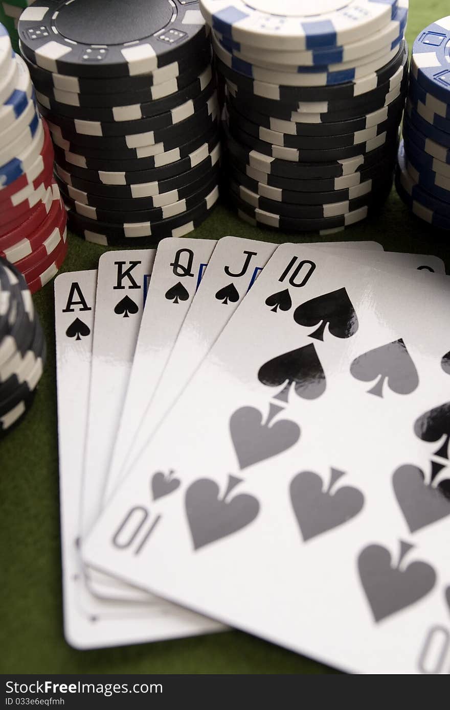 Close-up of Poker cards and gambling chips on green background