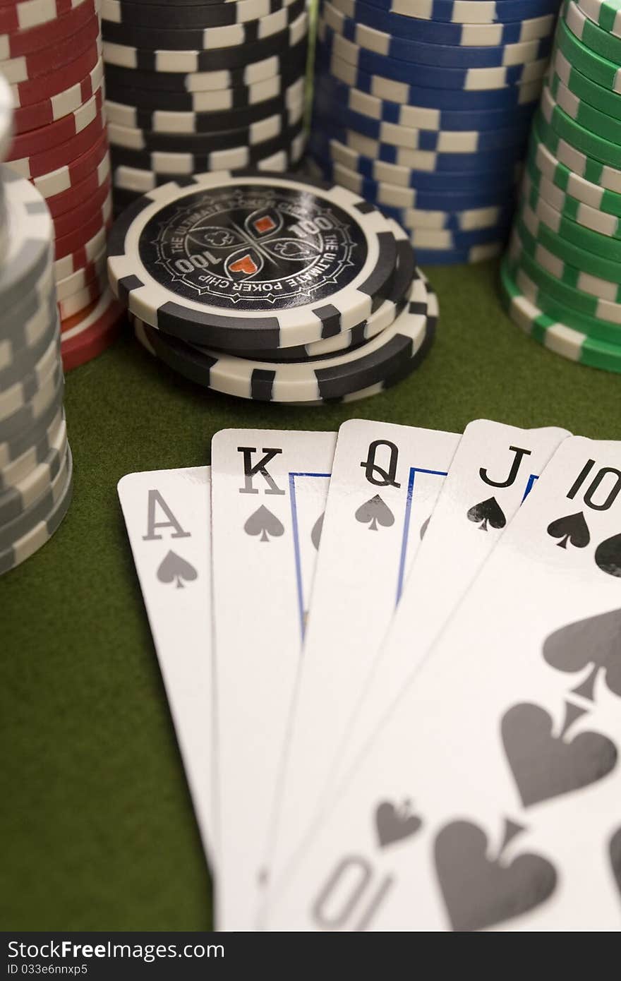 Close-up of Poker cards and gambling chips on green background