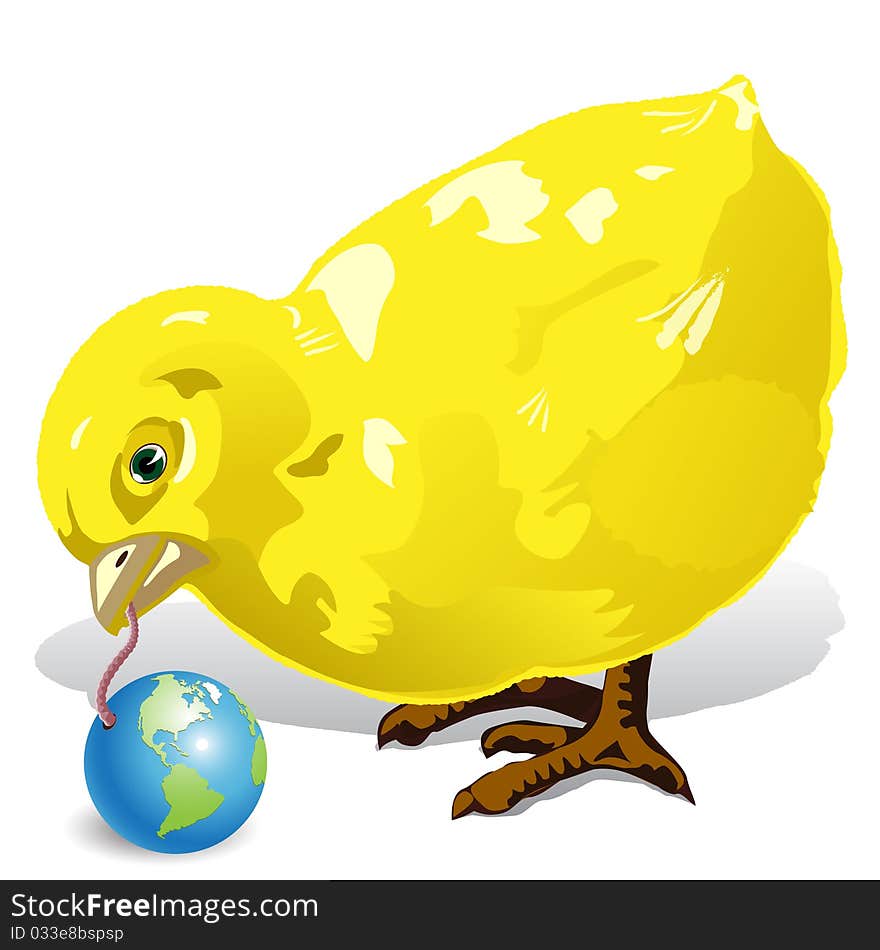 Illustration, yellow chicken takes hearts out of globe