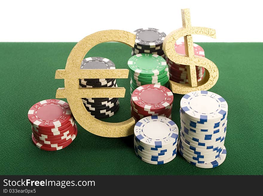 Close-up of Poker cards and gambling chips on green background. Close-up of Poker cards and gambling chips on green background