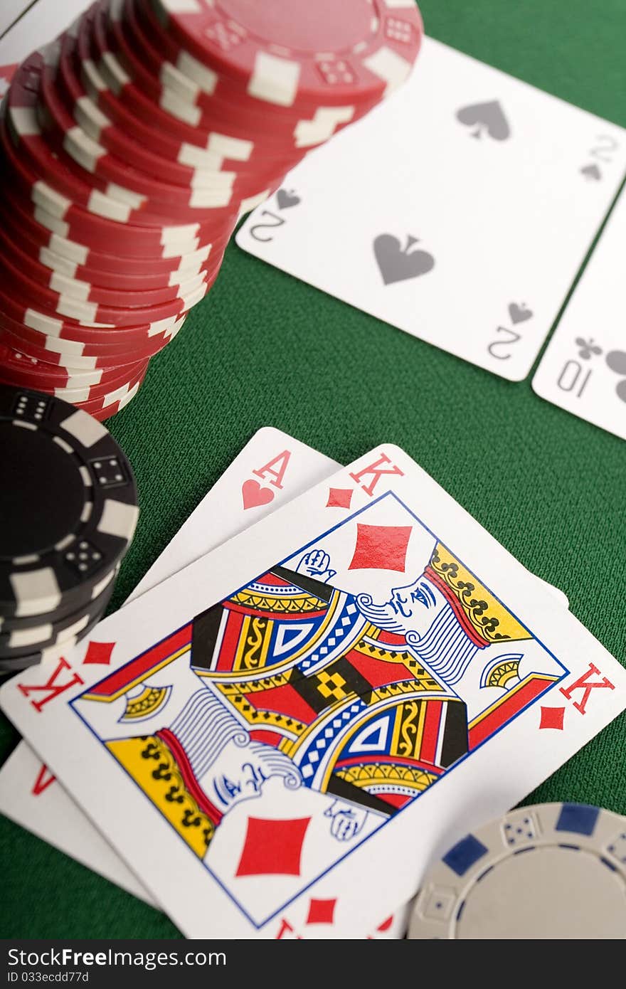 Close-up of Poker cards and gambling chips on green background. Close-up of Poker cards and gambling chips on green background