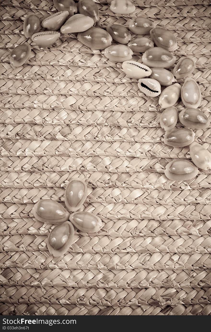 Abstract Travel Background with Shells on Basket Weave Material