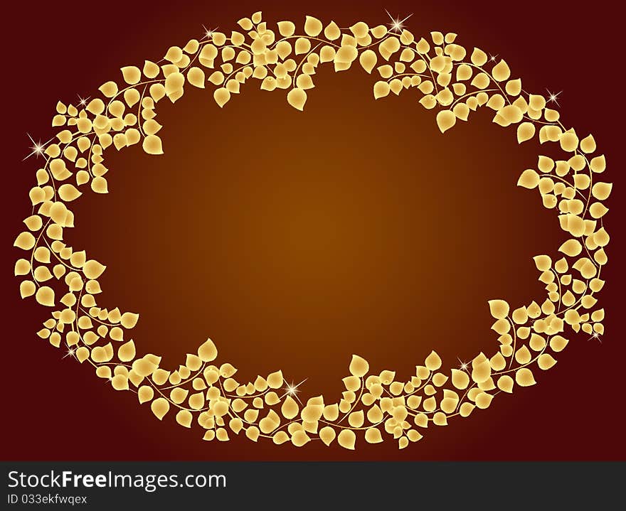 Frame of golden leaf and sparkling stars on a brown background. Beautiful harmonic colors.