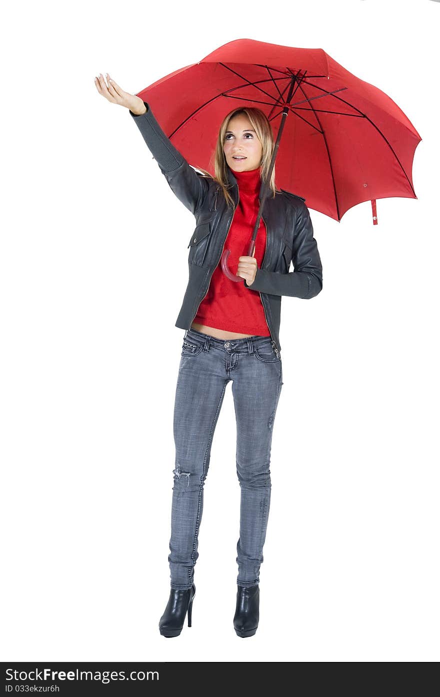 Happy smiling woman under her red umbrella. Happy smiling woman under her red umbrella