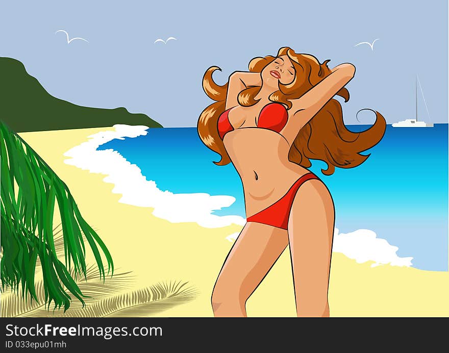 A young woman in a red swimsuit stands by the sea and enjoy the sun and air. A young woman in a red swimsuit stands by the sea and enjoy the sun and air