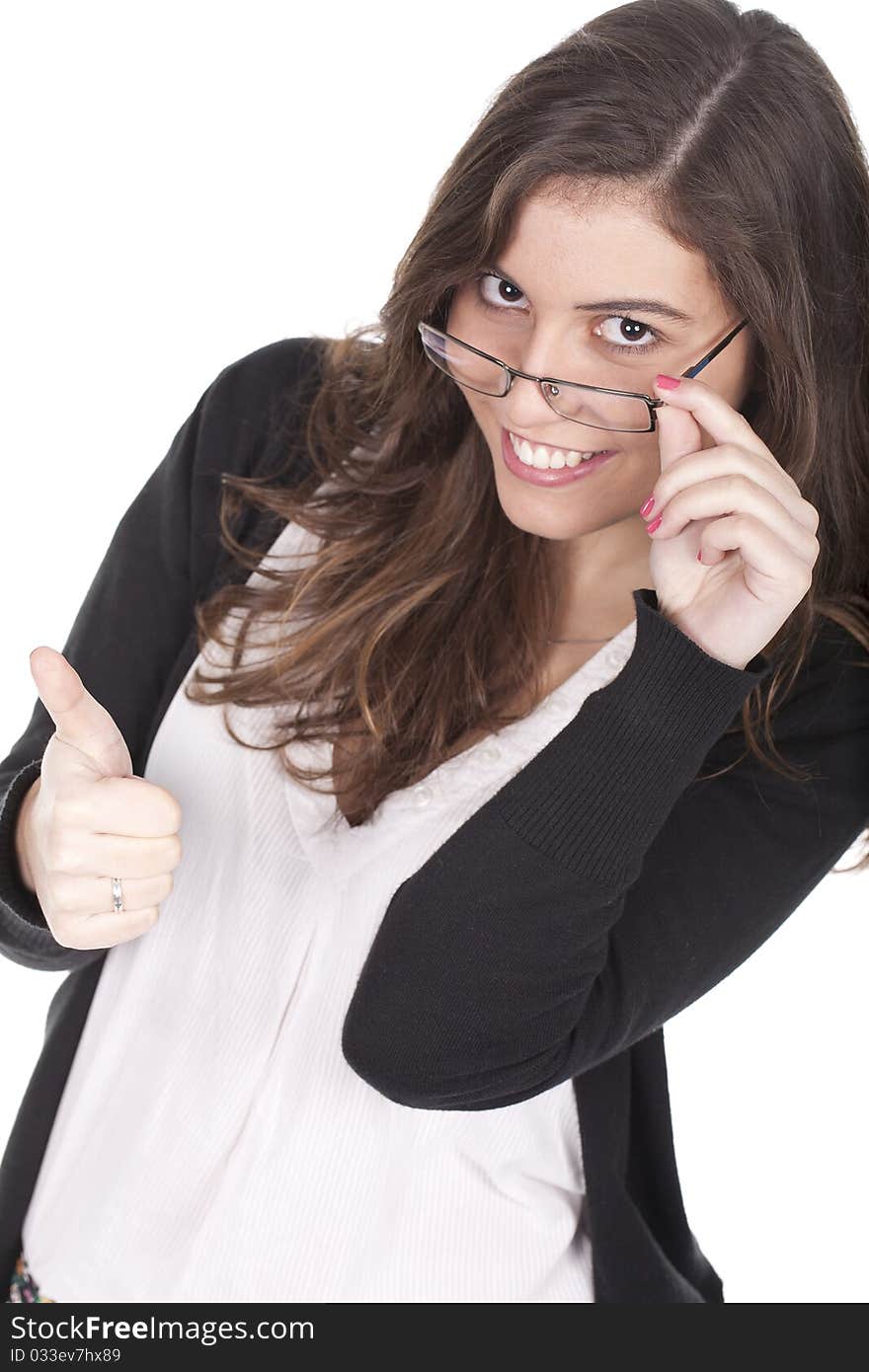 Woman making ok sign with a smile and wearing glasses