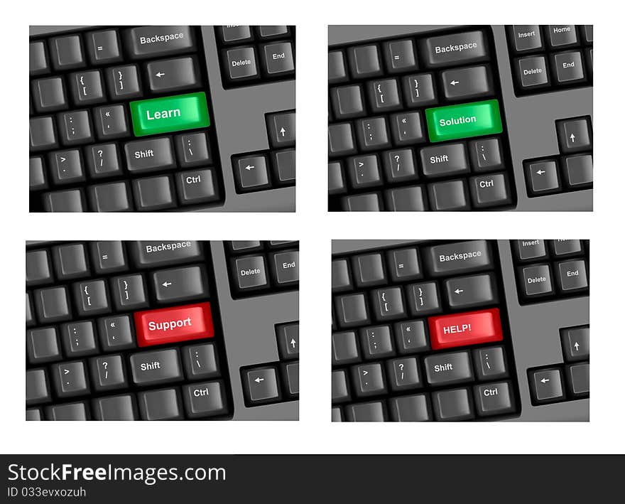 Four pieces of keyboard with highlighted keys.