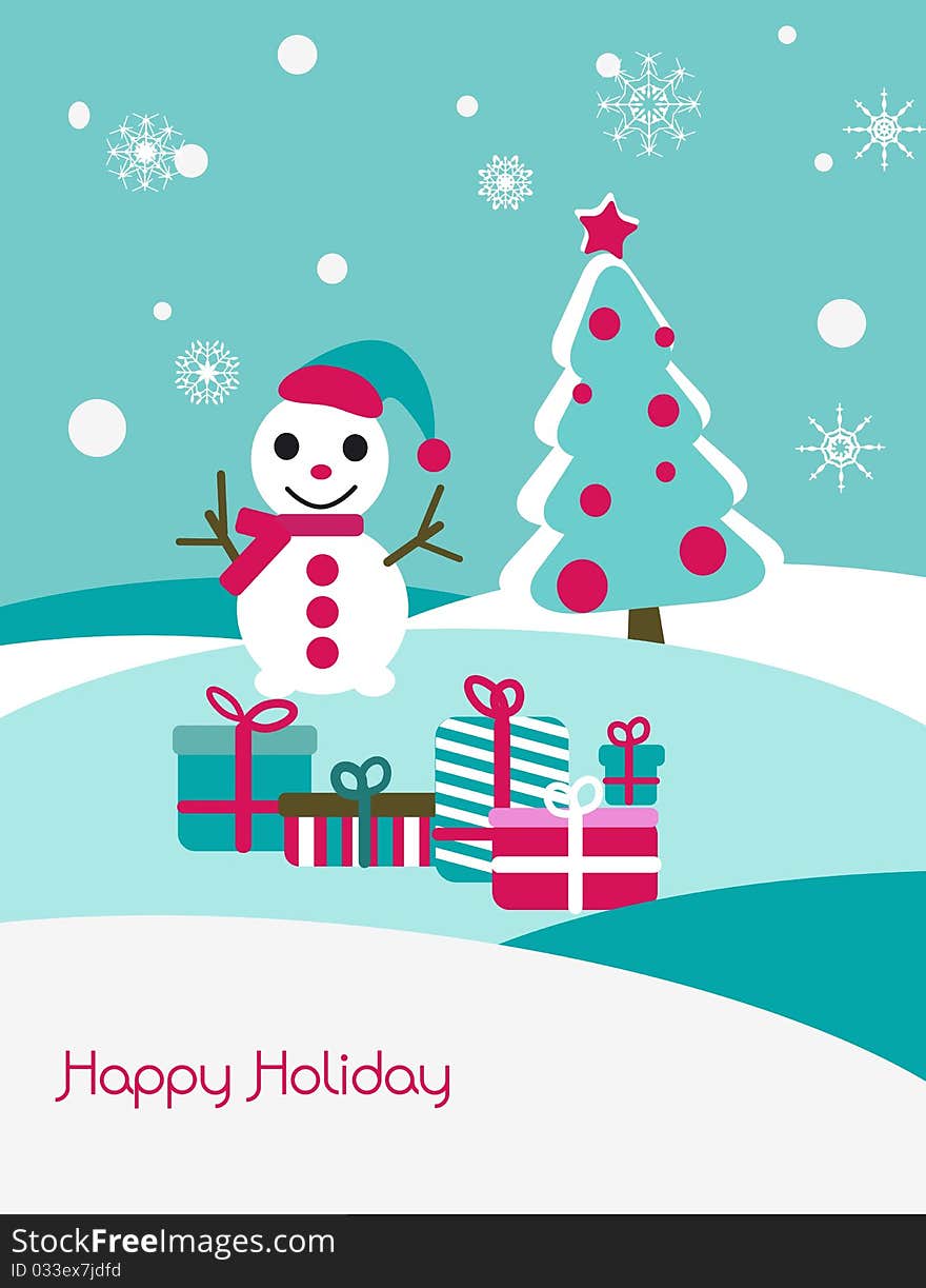 Christmas vector card with snowman and fir. Christmas vector card with snowman and fir