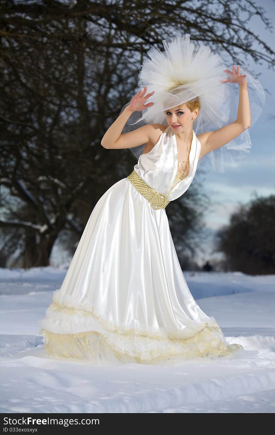 Portrait of the charming bride in the winter on snow. Portrait of the charming bride in the winter on snow.