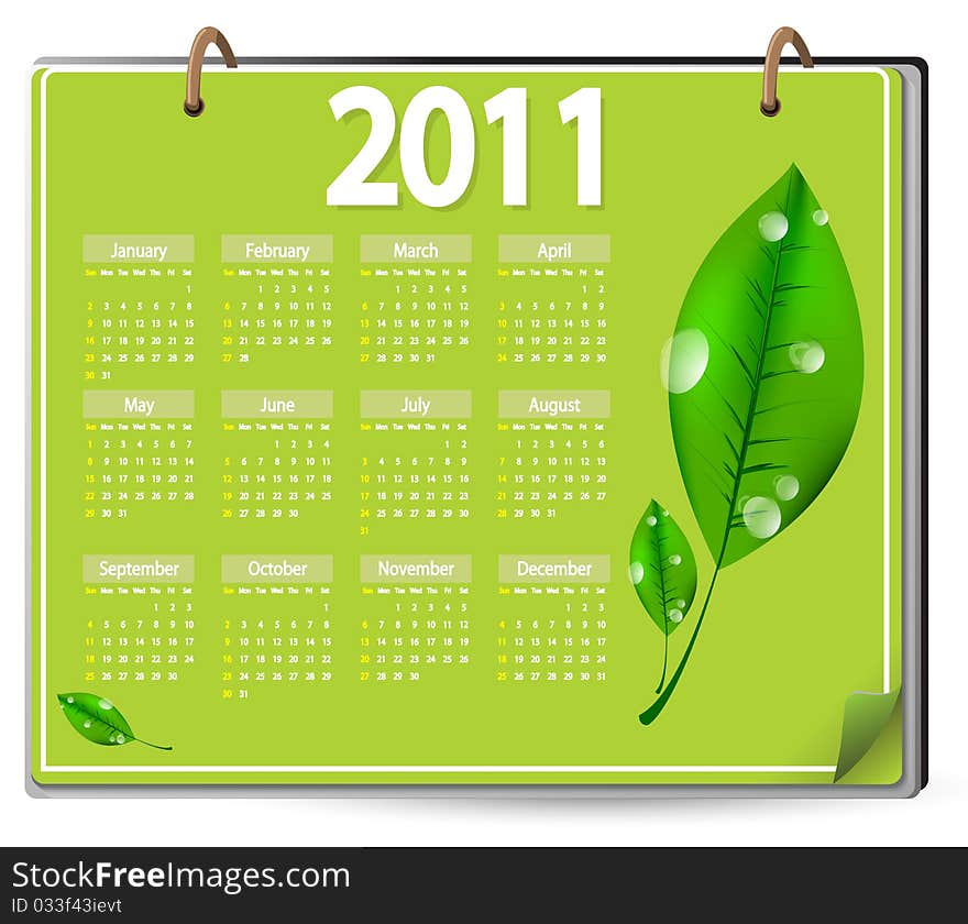 Calendar 2011 with green leafs