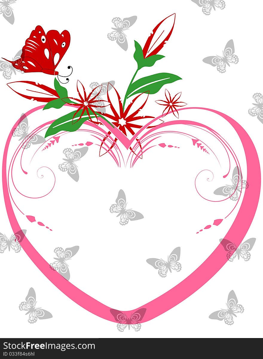 Valentine day background with pink heart and flowers