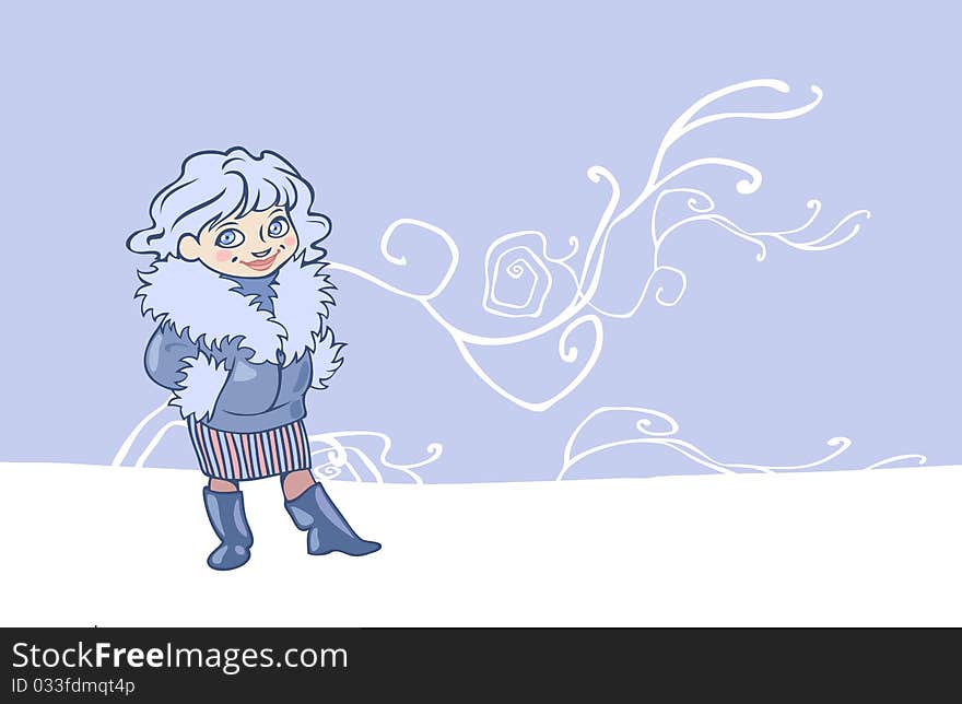 Illustration of a fashionable young lady in her fur coat outdoors in winter on a snowy background. Illustration of a fashionable young lady in her fur coat outdoors in winter on a snowy background