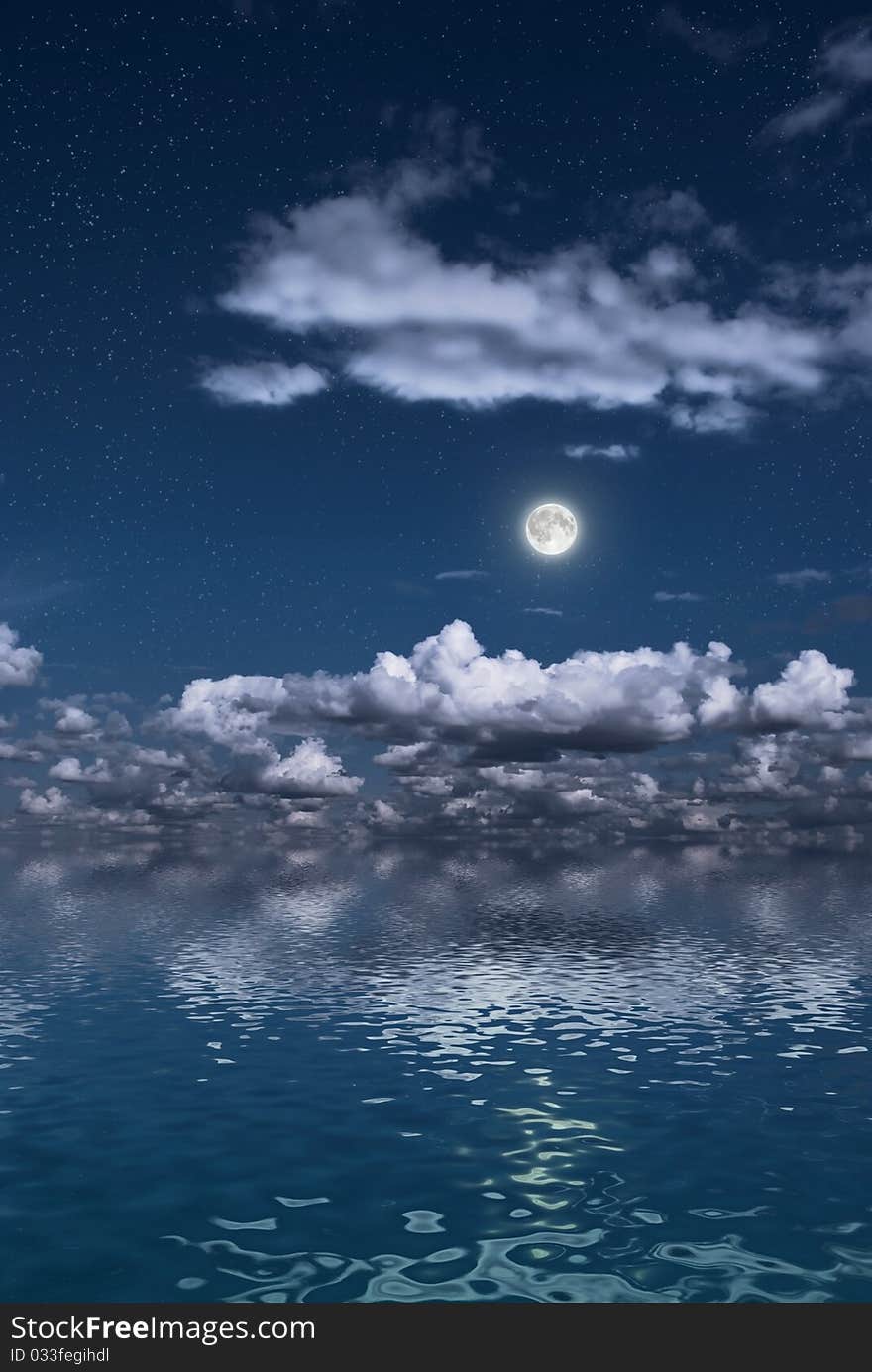 Moonlit night over an endless water surface. Moonlit night over an endless water surface