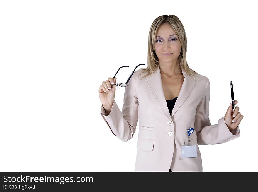 Portrait of a businesswoman smiling over white background. Portrait of a businesswoman smiling over white background