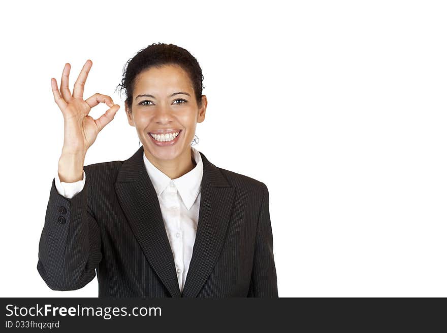 Happy woman shows with fingers a circle. Isolated on white background.