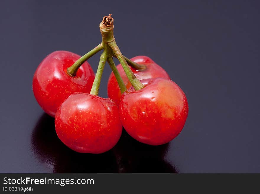 Fresh picked cherries still attached to their stem. Fresh picked cherries still attached to their stem