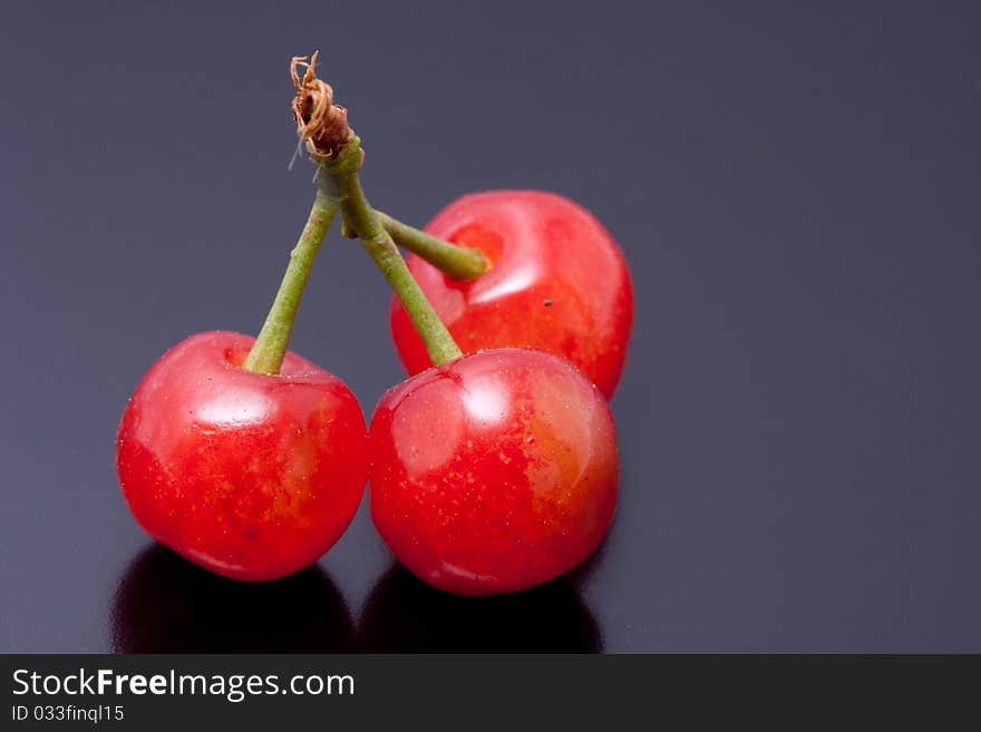 Fresh picked cherries still attached to their stem. Fresh picked cherries still attached to their stem