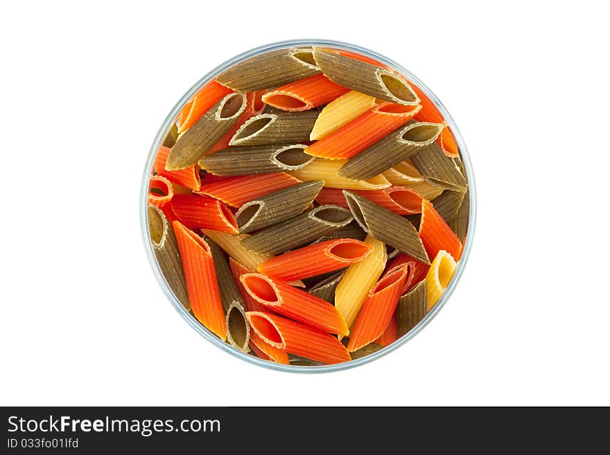 Pasta in glass jar on a white background