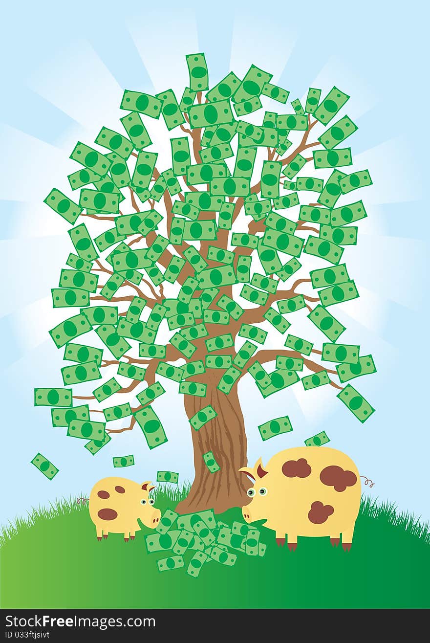 A money tree that grows gold coins on the branches. Some of them are falling onto the ground as two pigs look on.