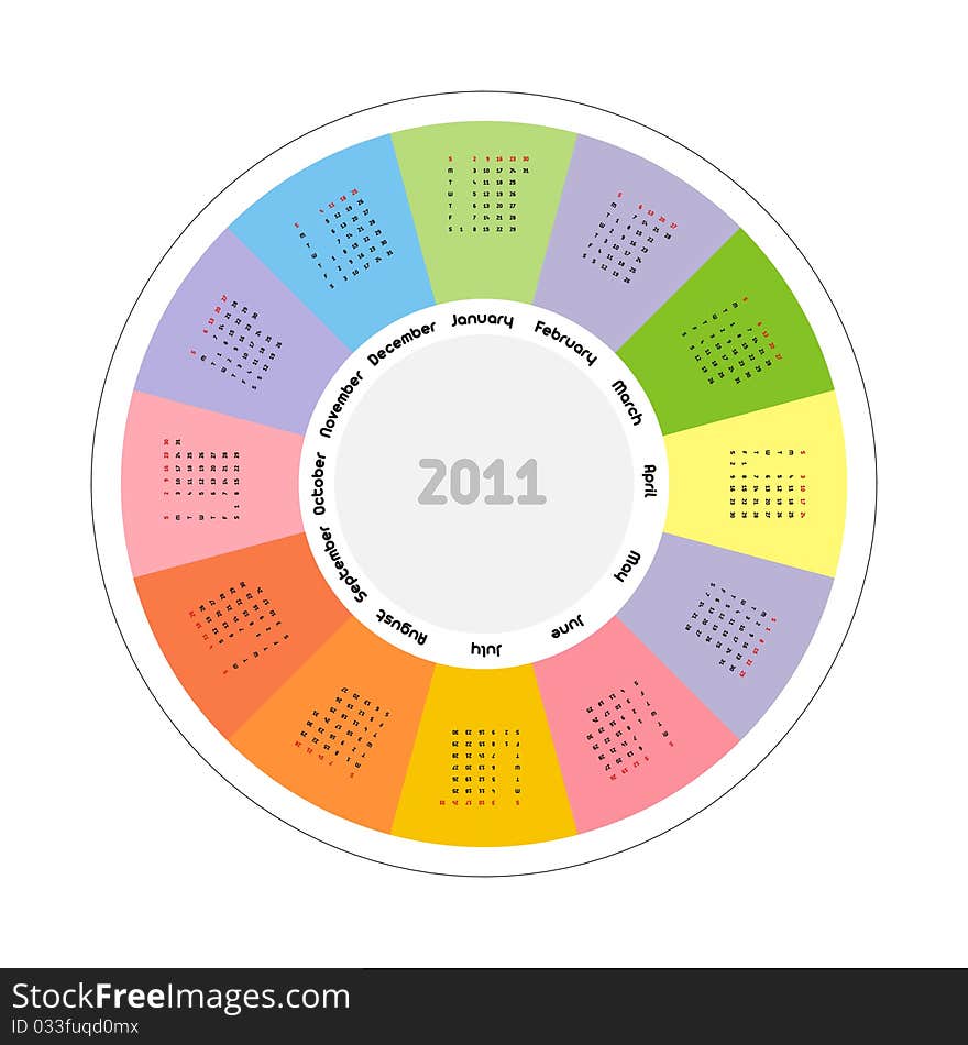 Circular design of colorful calendar for 2011.Week starts on sunday.