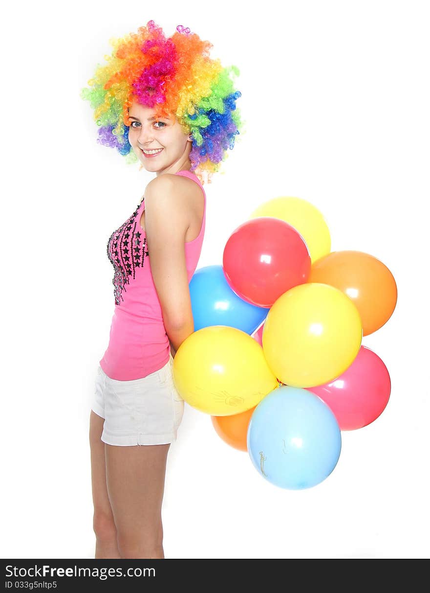 Bright studio portrait of young happy woman with balloons. Bright studio portrait of young happy woman with balloons