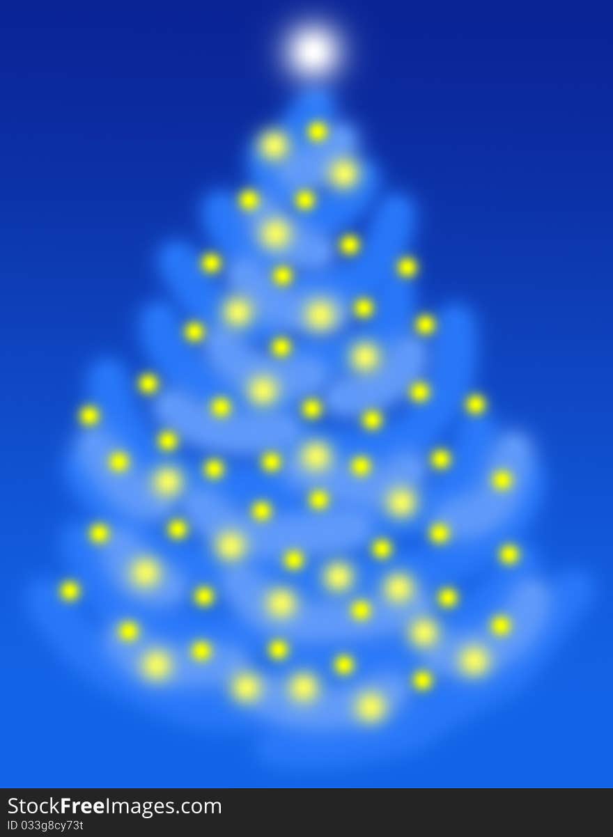 A snowy Christams tree decorated with golden lights glowing in the night. Digital drawing coloured picture. A snowy Christams tree decorated with golden lights glowing in the night. Digital drawing coloured picture.