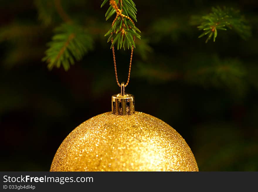 Golden christmas ball hanging on the tree