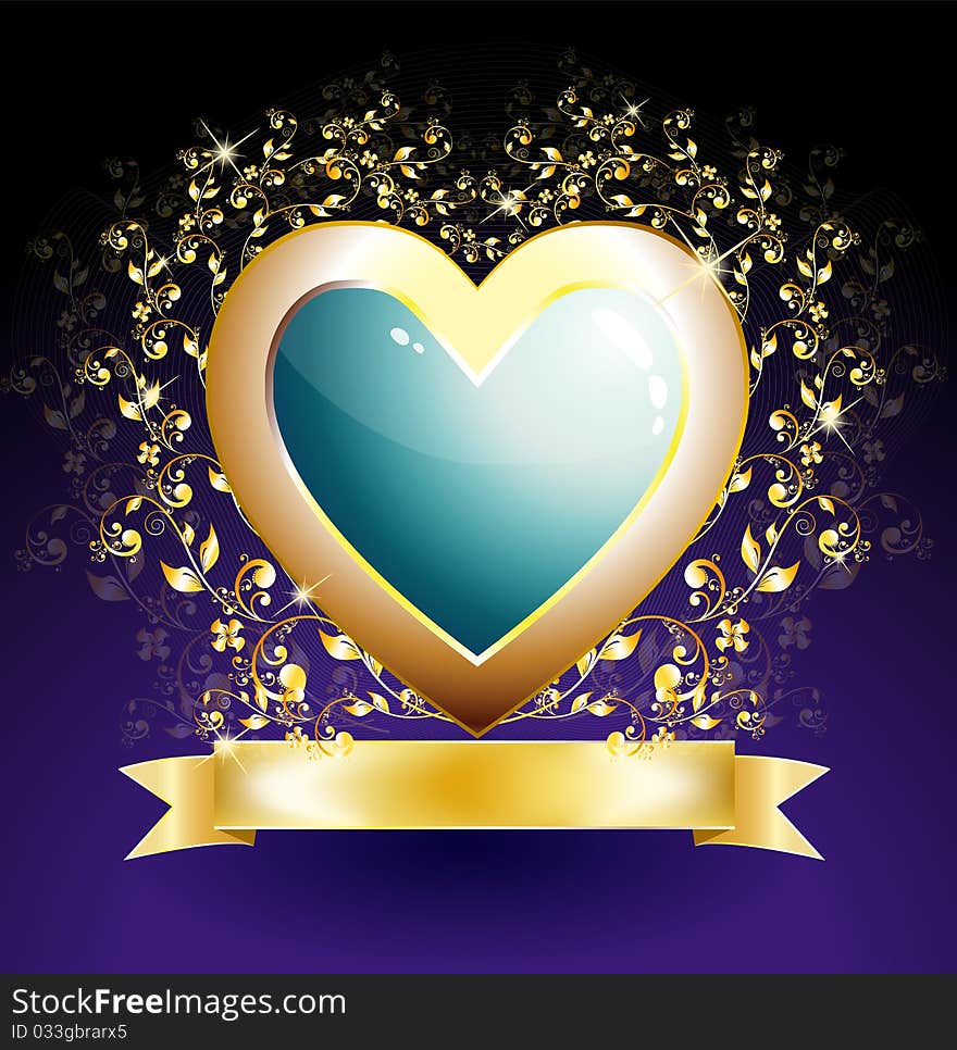 Heart of blue glass with golden flowers and sparkling stars. Heart of blue glass with golden flowers and sparkling stars.