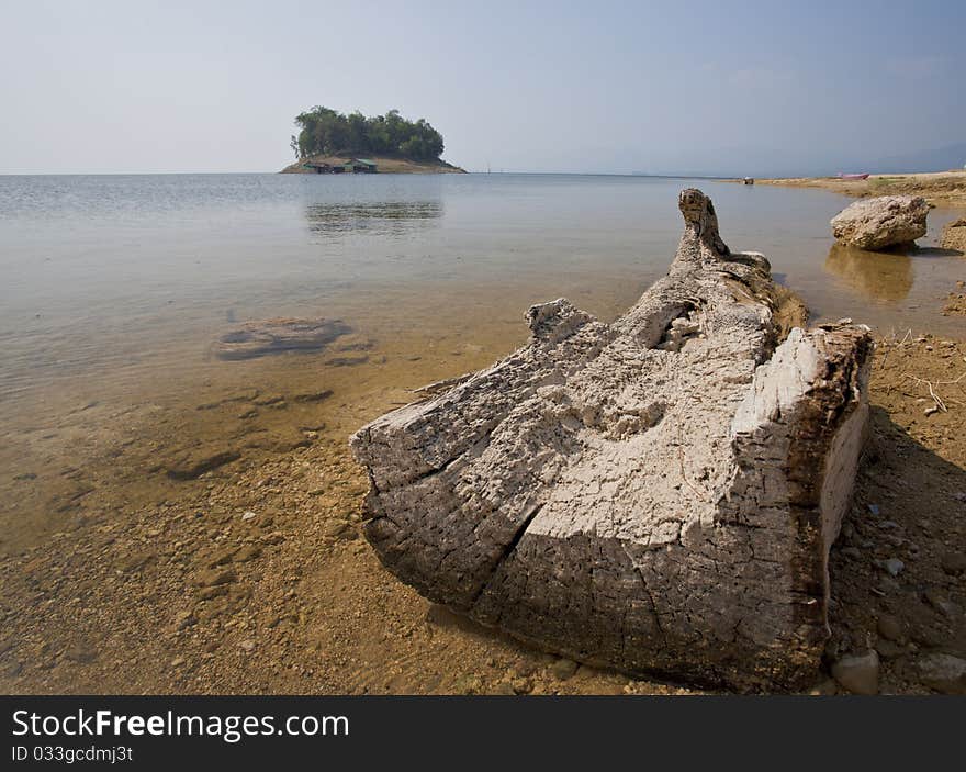 Old trunk on the rock beach. Old trunk on the rock beach