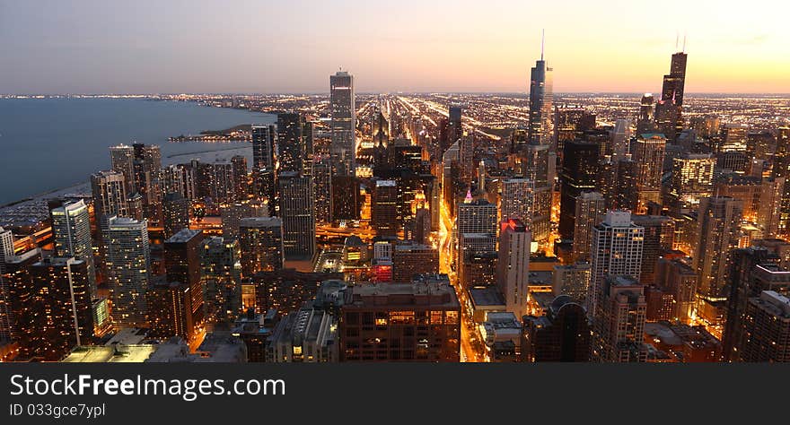 View to Downtown Chicago / USA from high above at twilight