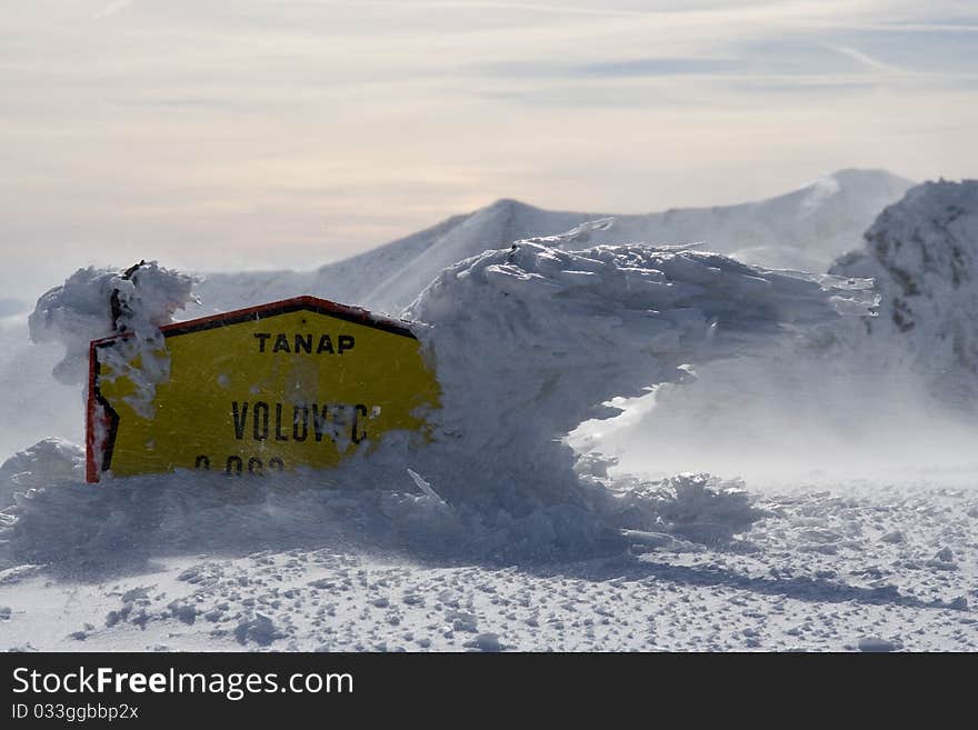 Frostwork on an information board; The Tatra Mountains