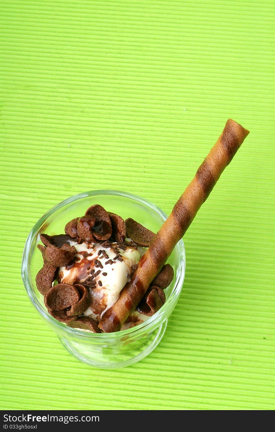 Chocolate ice cream in a glass cup. Chocolate ice cream in a glass cup