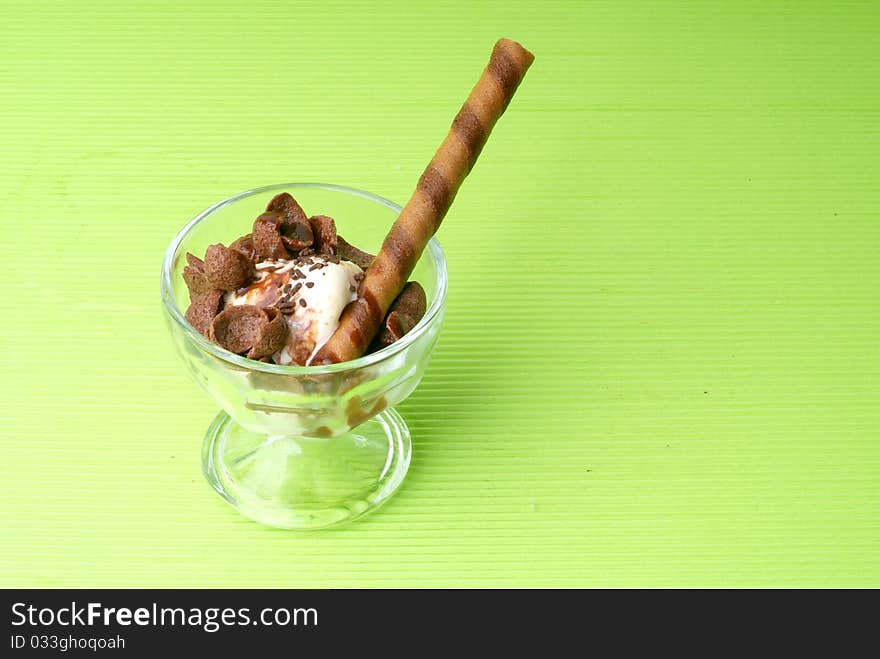 Chocolate ice cream in a glass cup. Chocolate ice cream in a glass cup