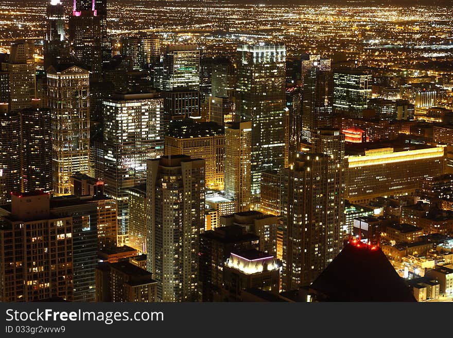 View to Downtown Chicago / USA from high above at night