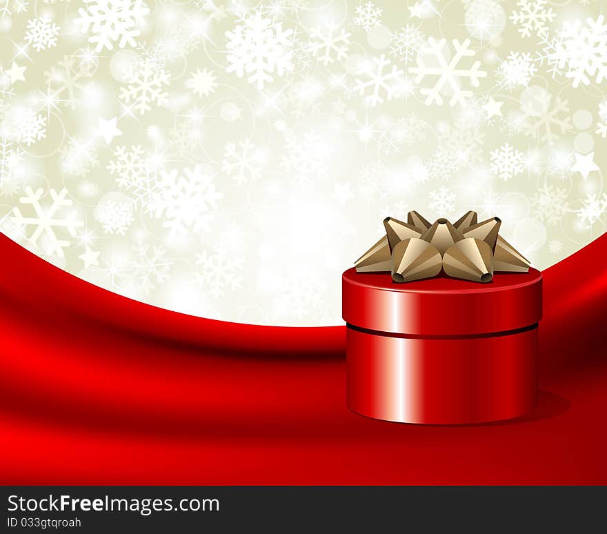 Red gift with gold bow on silk Christmas vector background