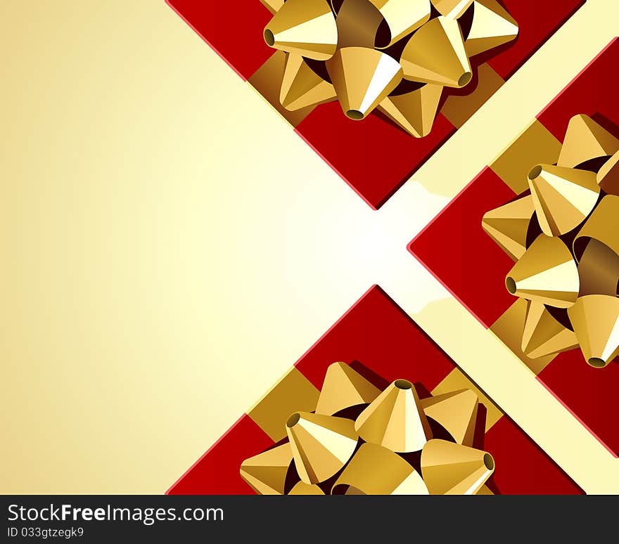 Red gifts with gold bow top view vector background