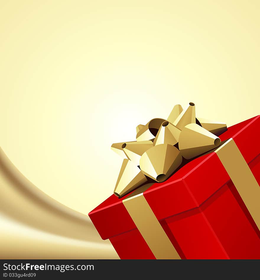 Red gift with gold bow on silk vector background