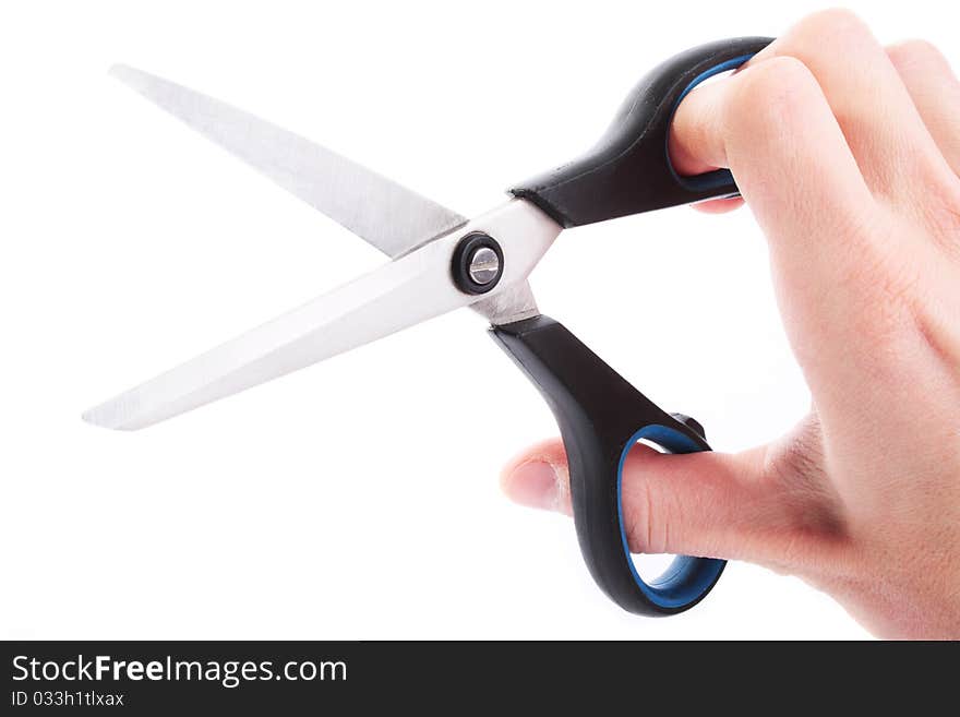 Hand hold scissors. Isolated. Cut