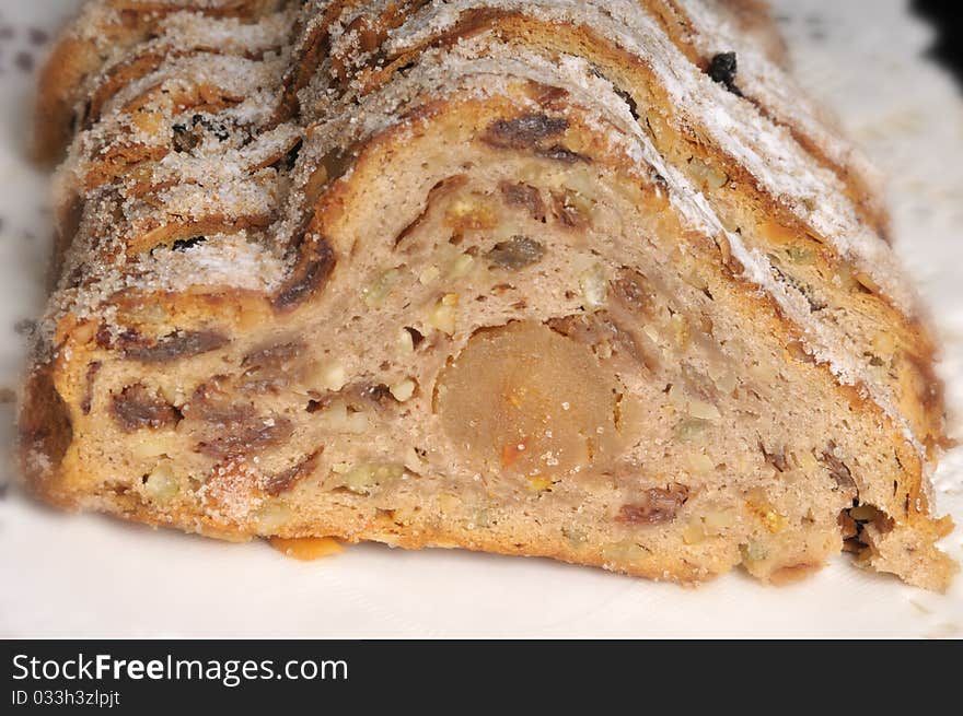 Raisins Stollen with marzipan and icing suger