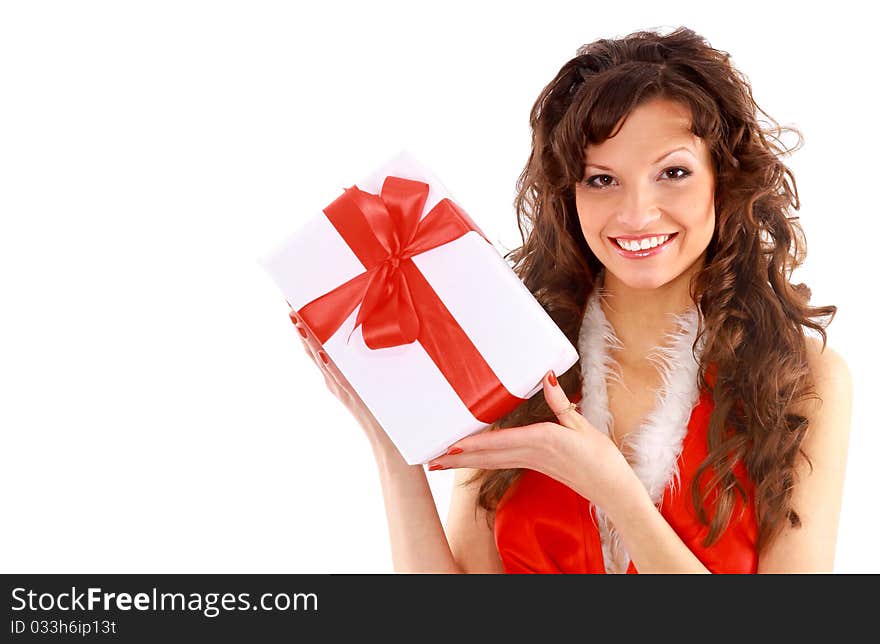 Picture of cheerful santa helper girl with gift box