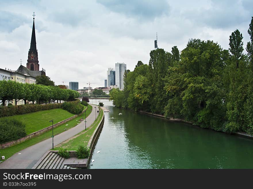 The city of frankfurt germany divided by the main river. The city of frankfurt germany divided by the main river