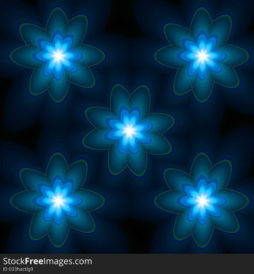 Five blue flowers on black background