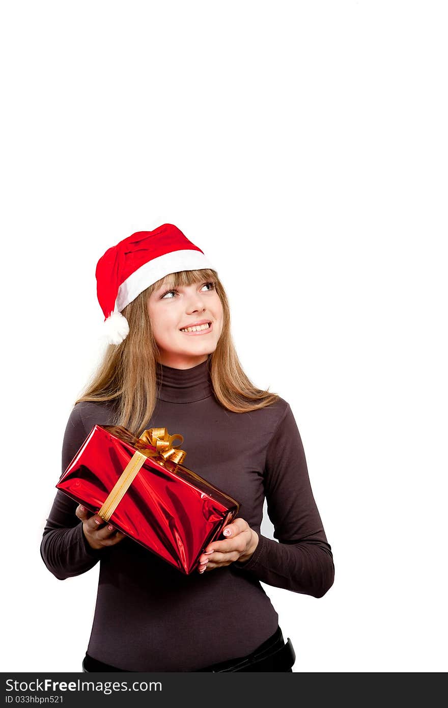 The girl holding the red box present. The girl holding the red box present