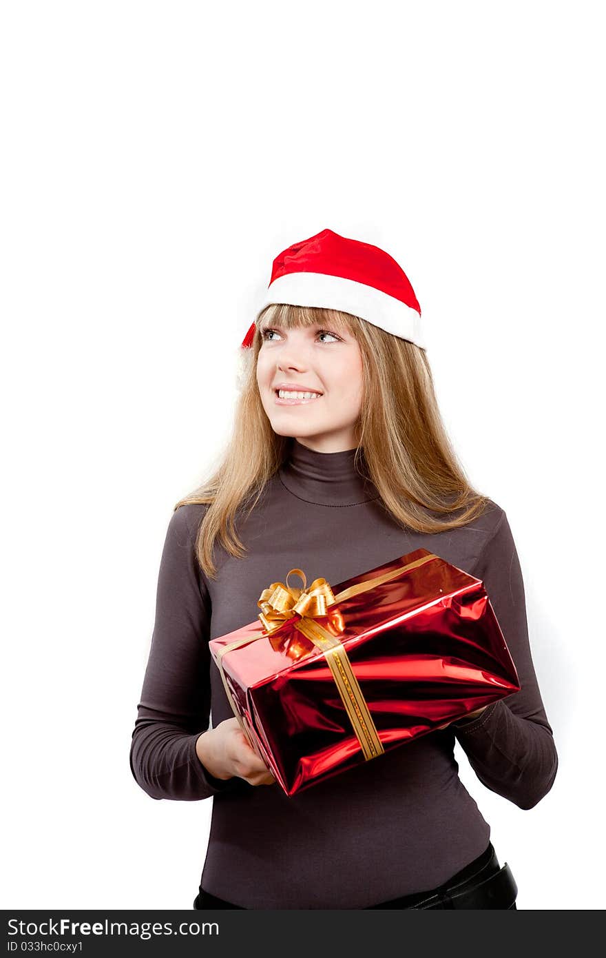 Cute laughing girl holding red box present