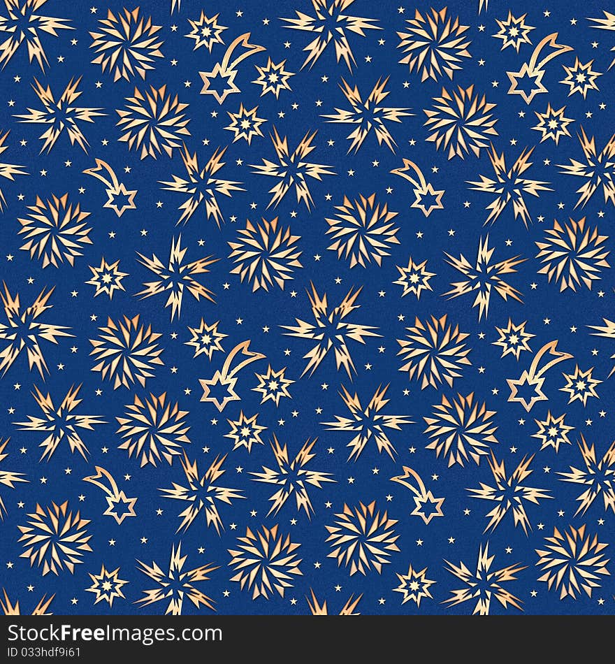 Light yellow filigree stars on a dark blue background, seamless tile. Light yellow filigree stars on a dark blue background, seamless tile.