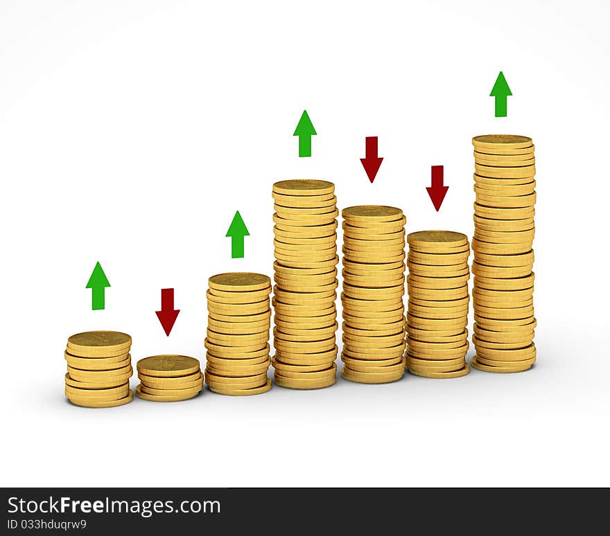 Many gold coins lying in piles on a white background. Many gold coins lying in piles on a white background