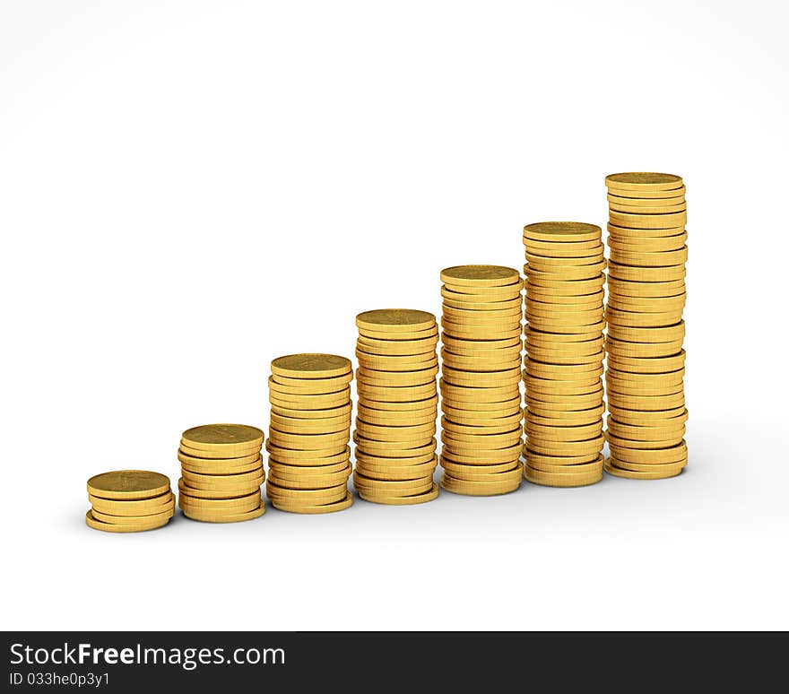 Many gold coins lying in piles on a white background. Many gold coins lying in piles on a white background