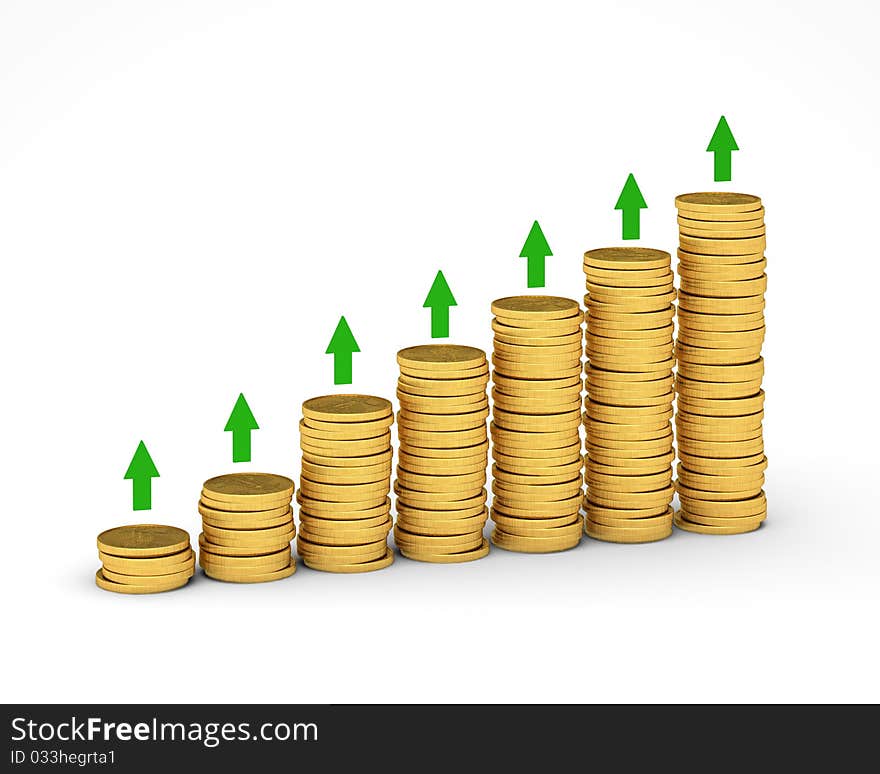 Many gold coins lying in piles on a white background. Many gold coins lying in piles on a white background